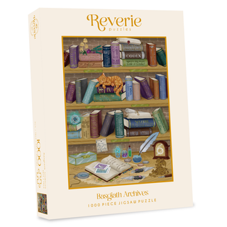Basgiath Archives 1,000-piece jigsaw puzzle box featuring a literary library scene with three shelves of books, an orange cat, and a desk with a quill, ink, and an open book.