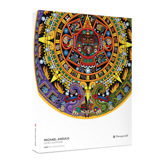A vibrant box showcases Pomegranate’s Aztec Sun Stone | 1,000 Piece Jigsaw Puzzle, featuring a detailed illustration of the iconic Aztec artifact on a circular jigsaw.