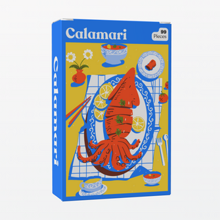 The Puzzledly Calamari | 99 Piece Jigsaw Puzzle features a box with an illustrated platter of cooked squid and lemon slices, surrounded by dishes and utensils.