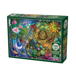 The Lantern Light 1,000 Piece Jigsaw Puzzle by Cobble Hill showcases vibrant artwork with a snail amid flowers and butterflies. Made from recycled cardboard, the puzzle features random-cut pieces for a fun and engaging challenge.