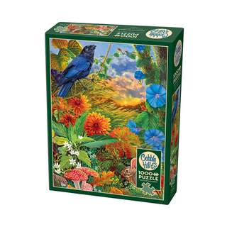 The Cobble Hill Woodland Gathering 1,000 Piece Jigsaw Puzzle showcases vibrant flowers, a blue bird, mushrooms, and a colorful landscape. Enjoy eco-friendly random-cut pieces made from recycled materials.