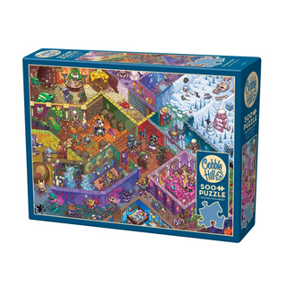 The Cobble Hill Dungeon Run 500-piece jigsaw puzzle features a colorful illustration of themed rooms—ice, jungle, and medieval—filled with detailed cartoon characters.