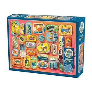 The Cobble Hill Sardines and Friends 500 Piece Jigsaw Puzzle showcases a vibrant illustrated collage of vintage sardine can labels—a charming pick for any Portland puzzle lover.