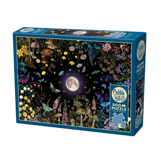 The Cobble Hill Night Garden 500 Piece Jigsaw Puzzle features an illustration of a full moon with colorful flowers, plants, butterflies, and mushrooms on a dark background.