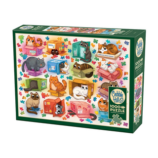 The Cobble Hill Cats Vs Puzzles 1,000 piece jigsaw puzzle showcases illustrated cartoon cats lounging in colorful boxes on a white background, with fun random-cut pieces for an engaging experience.