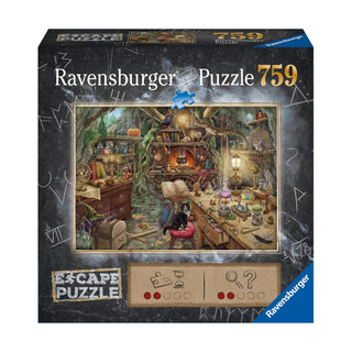 The Ravensburger Escape Puzzle: Witches' Kitchen is a 759-piece jigsaw featuring a magical, cluttered wizard’s room scene with escape-themed symbols—ideal for fans of escape room puzzles and antidote mushroom games.