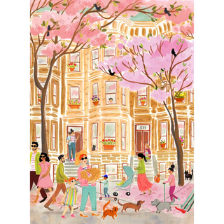 Experience city life with Puzzlefolk’s “Petals and Pavement” 500 piece jigsaw puzzle, featuring people walking dogs, pushing strollers, and carrying groceries along a tree-lined street with blooming pink trees and brownstones.