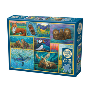 The Cobble Hill Alaskan Animals 500 Piece Jigsaw Puzzle features vibrant animal scenes—foxes, otters, puffins, moose, and more—with high-quality random-cut pieces for a fun and engaging challenge.