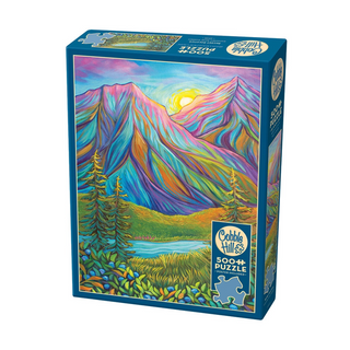 The Cobble Hill Secret Solstice 500-piece jigsaw puzzle showcases a vibrant mountain landscape with trees, a lake, and a bright sun, made from recycled materials.