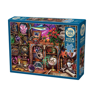 The Cobble Hill Cabinet of Curiosities 500 Piece Jigsaw Puzzle features a whimsical, cluttered room brimming with magical objects and plants—perfect for fans of the Cabinet of Curiosities series.