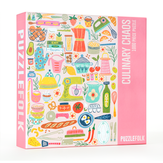 The Puzzlefolk Culinary Chaos 1,000 Piece Jigsaw Puzzle features vibrant kitchen and food illustrations—a perfect foodie challenge in a colorful box.
