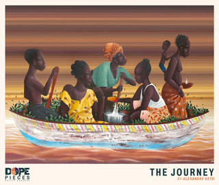 Six people in a painted boat on calm water engage in daily life at sunset in “The Journey” by Alexandre Keto. This vivid 24" x 28" scene is now a 500-piece jigsaw puzzle from Dope Pieces.