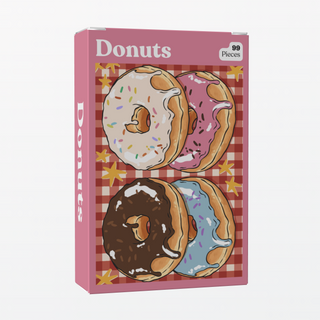 The Donuts | 99 Piece Jigsaw Puzzle by Puzzledly features a pocket-sized box with four assorted donuts on a red checkered background.