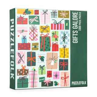 The Gifts Galore | 1,000 Piece Jigsaw Puzzle by Puzzlefolk features vibrant illustrated wrapped presents, making it the perfect festive activity for holiday fun.