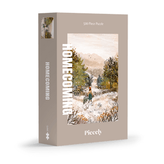 Homecoming | 500 Piece Jigsaw Puzzle by Piecely features an illustration of a figure walking through a snowy, tree-lined landscape. Enjoy a soft-touch finish and plastic-free packaging for an eco-friendly experience.