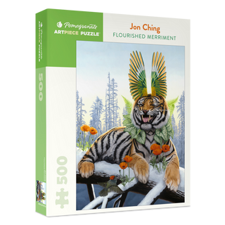 The Pomegranate Flourished Merriment 500 Piece Jigsaw Puzzle features Jon Ching’s art of a tiger decorated with vibrant flora in a snowy forest—ideal for flora and fauna puzzle fans.