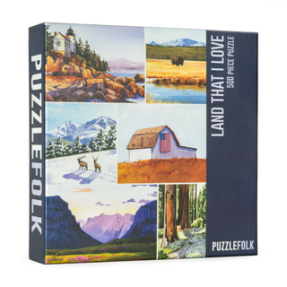 The Land That I Love | 500 Piece Jigsaw Puzzle by Puzzlefolk features illustrations of American landscapes, wildlife, a barn with a flag, mountains, and landmarks like a lighthouse.
