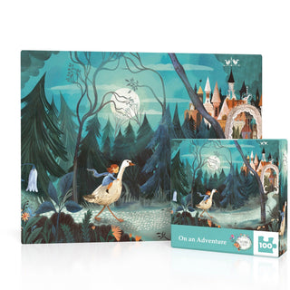 The On an Adventure Mini 100 Piece Jigsaw Puzzle by New York Puzzle Company features a girl riding a goose through a mystical forest towards a castle, with a linen-style finish and proudly made in the USA.