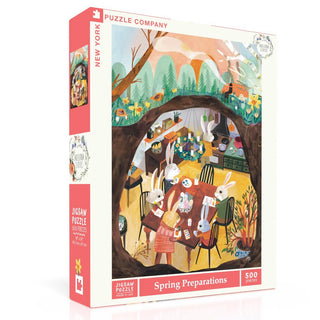The Spring Preparations | 500 Piece Jigsaw Puzzle by New York Puzzle Company features charming rabbits preparing for spring in an underground burrow, all with a beautiful linen-style finish.