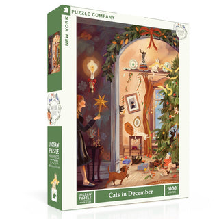 The Cats in December | 1,000 Piece Jigsaw Puzzle by New York Puzzle Company features playful cats causing mischief in a festively decorated room, with premium linen finish and original illustration.