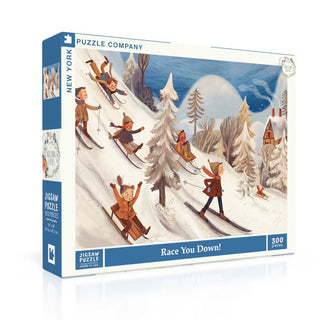 The Race You Down! 300 Piece Jigsaw Puzzle by New York Puzzle Company features an original illustration of children skiing, with trees and a house, and has a premium linen finish for an enjoyable puzzling experience.