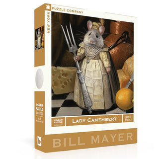 Experience the Lady Camembert | 500 Piece Jigsaw Puzzle by New York Puzzle Company, featuring Bill Mayer’s art of a mouse in a Renaissance gown with a pitchfork and cheese wheels in the background.