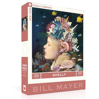 Shelly | 500 Piece Jigsaw Puzzle by New York Puzzle Company showcases Bill Mayer’s stunning art of a woman's profile blended with coral and sea life for an eye-catching ocean theme.