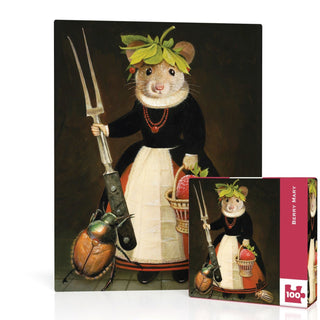 The Berry Mary Mini 100 Piece Jigsaw Puzzle by New York Puzzle Company features quirky art of a mouse in a dress with strawberries, a pitchfork, and a beetle at her feet.
