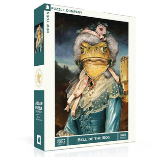 The Bell of the Bog | 500 Piece Jigsaw Puzzle by New York Puzzle Company features Bill Mayer's whimsical illustration of a costumed anthropomorphic frog in historical attire.