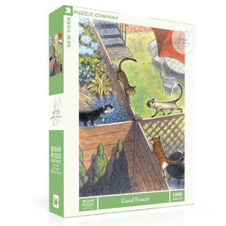 Good Fences is a 1,000 piece jigsaw puzzle from New York Puzzle Company, featuring four cats near a garden fence illustrated by Peter de Sève—perfect for cat lovers.