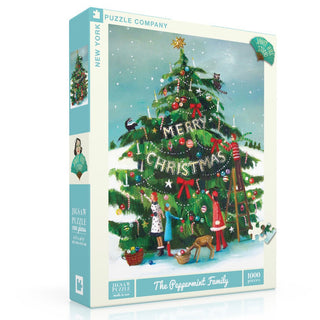 The Peppermint Family | 1,000 Piece Jigsaw Puzzle by New York Puzzle Company features Janet Hill’s charming holiday illustration—a festive Christmas puzzle perfect for the season.