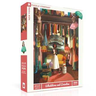 The Whalebone and Crinoline 1,000 Piece Jigsaw Puzzle by New York Puzzle Company features vintage clothing and accessories in a shop scene, capturing classic boutique charm in Janet Hill’s signature style.