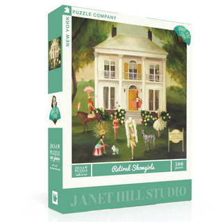 Retired Showgirls | 500 Piece Jigsaw Puzzle by New York Puzzle Company features a whimsical illustrated mansion scene with showgirls, animals, and lush greenery.
