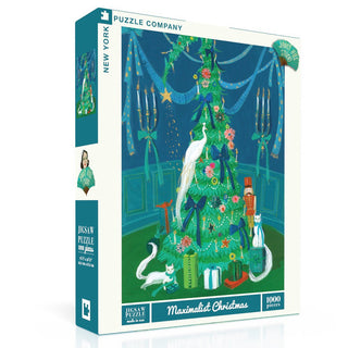 Maximalist Christmas | 1,000 Piece Jigsaw Puzzle by New York Puzzle Company features a whimsical scene of a Christmas tree with gifts, cats, and candles—a charming puzzle perfect for festive fun.
