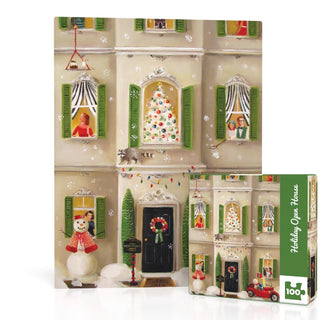 The Holiday Open House | 100 Piece Jigsaw Puzzle by New York Puzzle Company showcases Janet Hill's original artwork of a festively decorated house with green shutters, a snowman outside, a Christmas tree in the window, and people inside enjoying the holiday spirit.