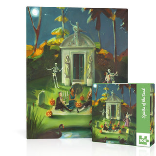 Experience the magical nighttime gathering of people and skeletons enjoying a picnic near a mausoleum beneath a full moon in "Spirits of the Dead," a whimsical 100 piece jigsaw puzzle by New York Puzzle Company. Featuring jack-o-lanterns, flickering candles, palm trees, and enchanting details reminiscent of Janet Hill’s artwork, this charming puzzle invites you to bring this spirited scene to life, piece by piece.