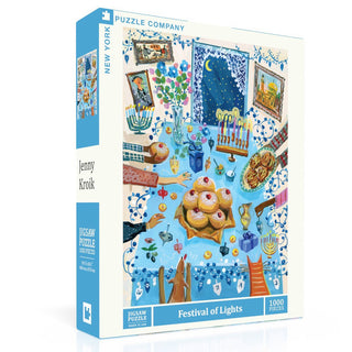 The Festival of Lights | 1,000 Piece Jigsaw Puzzle by New York Puzzle Company features a Hanukkah scene with menorah, dreidels, sufganiyot, blue décor, and a premium linen finish for festive puzzling fun.
