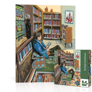 This original illustration jigsaw puzzle from New York Puzzle Company, titled "Bookish Gentleman," features a man reading on a sofa in a cozy library, surrounded by bookshelves and stained glass. Presented as a charming 100-piece puzzle, it's perfect for book lovers and puzzle enthusiasts alike.