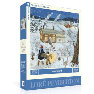 The Homeward | 500 Piece Jigsaw Puzzle by New York Puzzle Company showcases Loré Pemberton's original painting of a snowy rural scene with people outside a house at night.