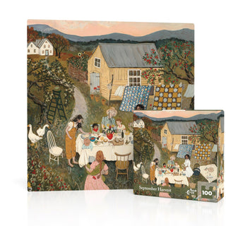 The September Harvest Mini by New York Puzzle Company is a 100 piece jigsaw puzzle featuring Loré Pembertons countryside scene with outdoor dining, quilts, geese, and mountains. Made in the USA; box displays the same illustration.