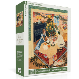 New York Puzzle Company’s “Christmas at Orchard House” 1,500-piece jigsaw puzzle features three women decorating a Christmas tree in a festive room. Made in the USA.