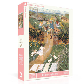 The Delivering Spring | 1,000 Piece Jigsaw Puzzle by New York Puzzle Company showcases a pastoral scene with a flower cart, people, a dog, geese, and blooming gardens.