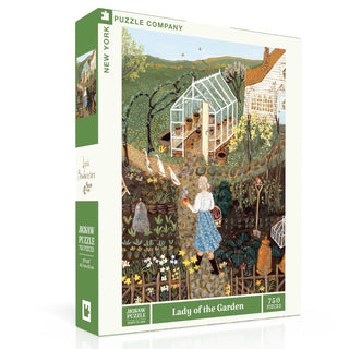 The Lady of the Garden | 750 Piece Jigsaw Puzzle by New York Puzzle Company features a serene illustration of a woman walking among geese and flowers near a greenhouse, perfect for garden and nature lovers.