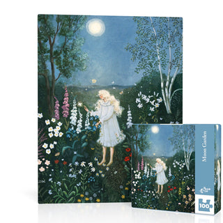 Illustration of a young girl in a white dress under a full moon in a flower-filled garden. Moon Garden Mini | 100 Piece Jigsaw Puzzle by New York Puzzle Company, featuring original art. Made in USA. Box shows the image and product name.