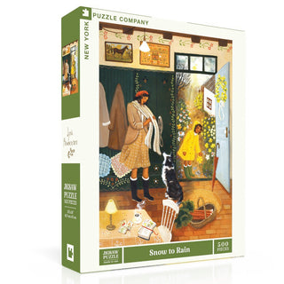 The Snow to Rain 500 Piece Jigsaw Puzzle by New York Puzzle Company features original art of a woman, child, and dog in a cozy entryway with coats and boots, outdoor scenery visible through the door. Made in the USA.