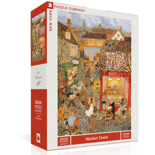Market Town | 1,500 Piece Jigsaw Puzzle by New York Puzzle Company features a lively market scene with shops, people, and autumn decor. This original illustration puzzle is proudly made in the USA.