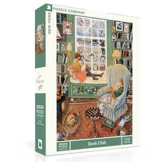 Book Club | 750 Piece Jigsaw Puzzle by New York Puzzle Company features an original painting of a cozy room with two readers, bookshelves, a window, and a cat. Includes high-quality linen finish.