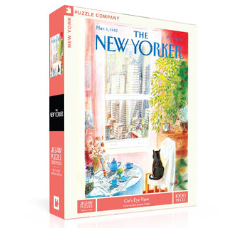 The Cat's Eye View | 1,000 Piece Jigsaw Puzzle by New York Puzzle Company features a classic March 1, 1982 New Yorker cover showing a cat gazing out at the NYC skyline.