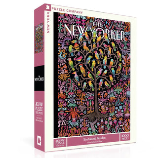The Enchanted Garden 1,000 Piece Jigsaw Puzzle by New York Puzzle Company features a vibrant tree with birds and flowers on a black background, inspired by The New Yorker cover art by Edward Steed.