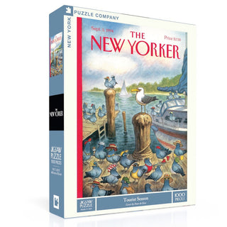 Tourist Season is a 1,000 piece jigsaw puzzle by New York Puzzle Company, featuring a Peter de Sève New Yorker cover with seagulls on a dock and a sailboat in the background.